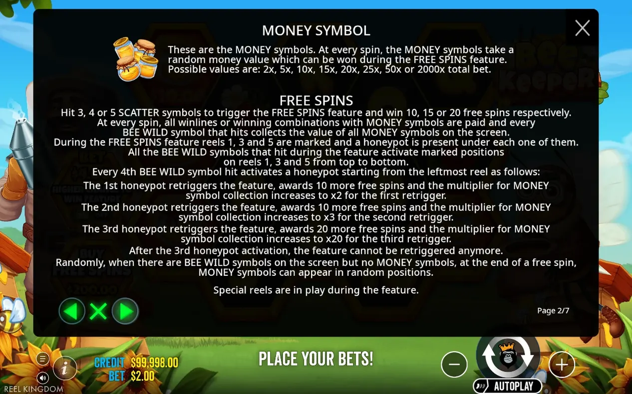 Infoseite zum Money-Symbol erklärt Zufallswerte und Freispiel-Regeln, Seite 2 von 7