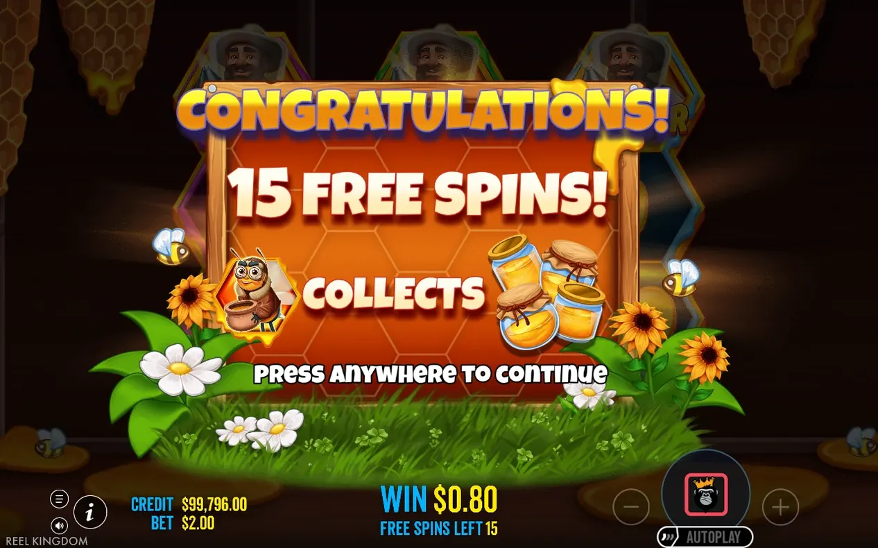 Congratulations-Screen kündigt 15 Freispiele an, Biene sammelt Honigtöpfe, Gewinn $0.80