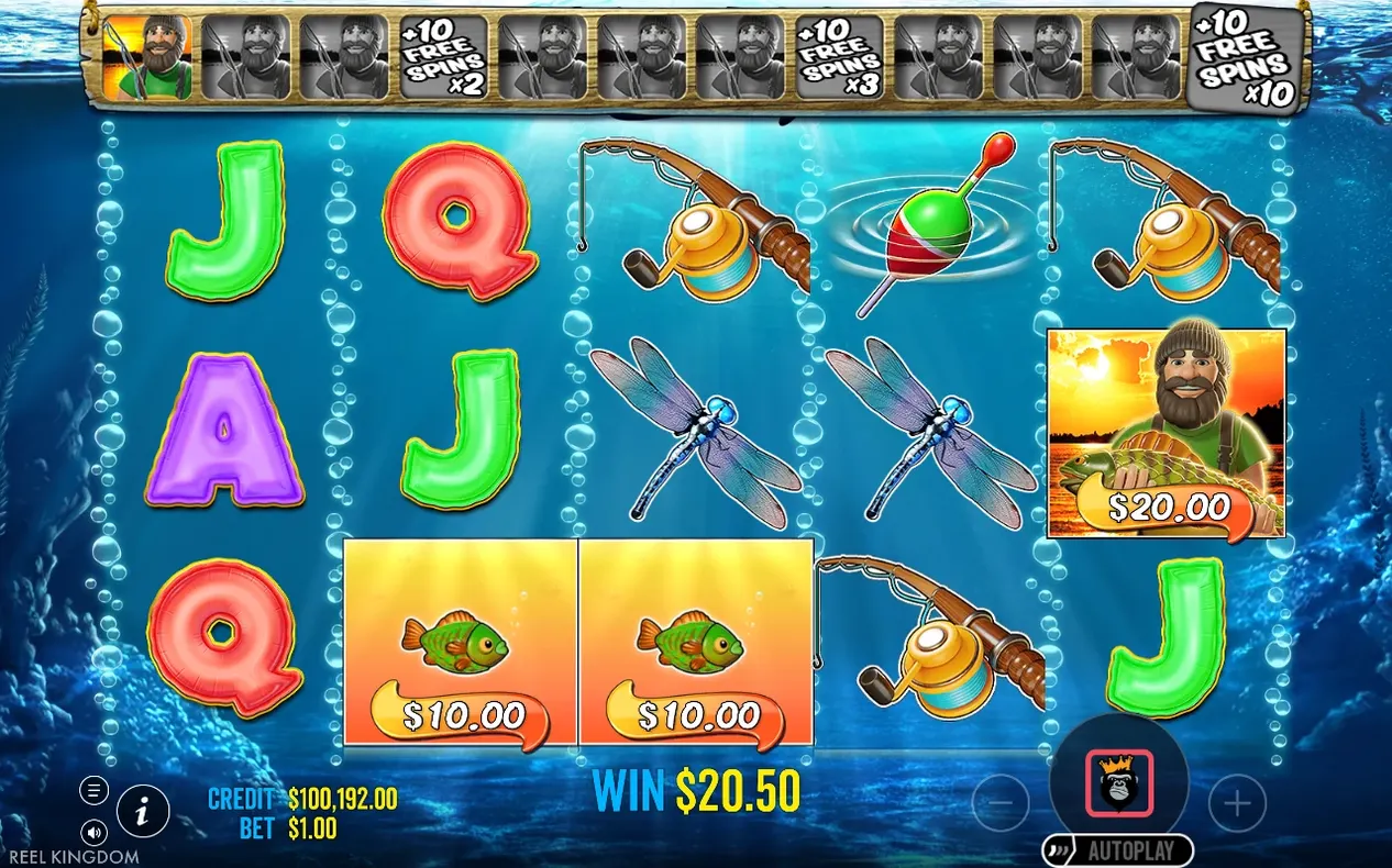 Freispielrunde zeigt Angler-Wild mit 20 Dollar Sammelwert neben zwei Geldfischen zu je 10 Dollar, Gewinn 20,50 Dollar.