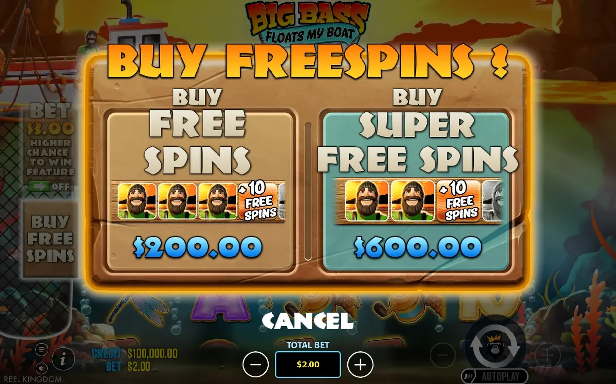Kaufoptionen für Freispiele: Buy Free Spins für 200,00 $ und Buy Super Free Spins für 600,00 $.