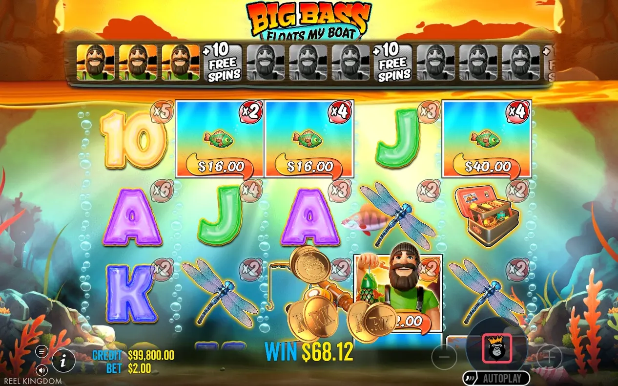 Freispielrunde mit Positionsmultiplikatoren x2 bis x6, Fisherman Wild sammelt Geld-Fische, Gewinn 68,12 $.