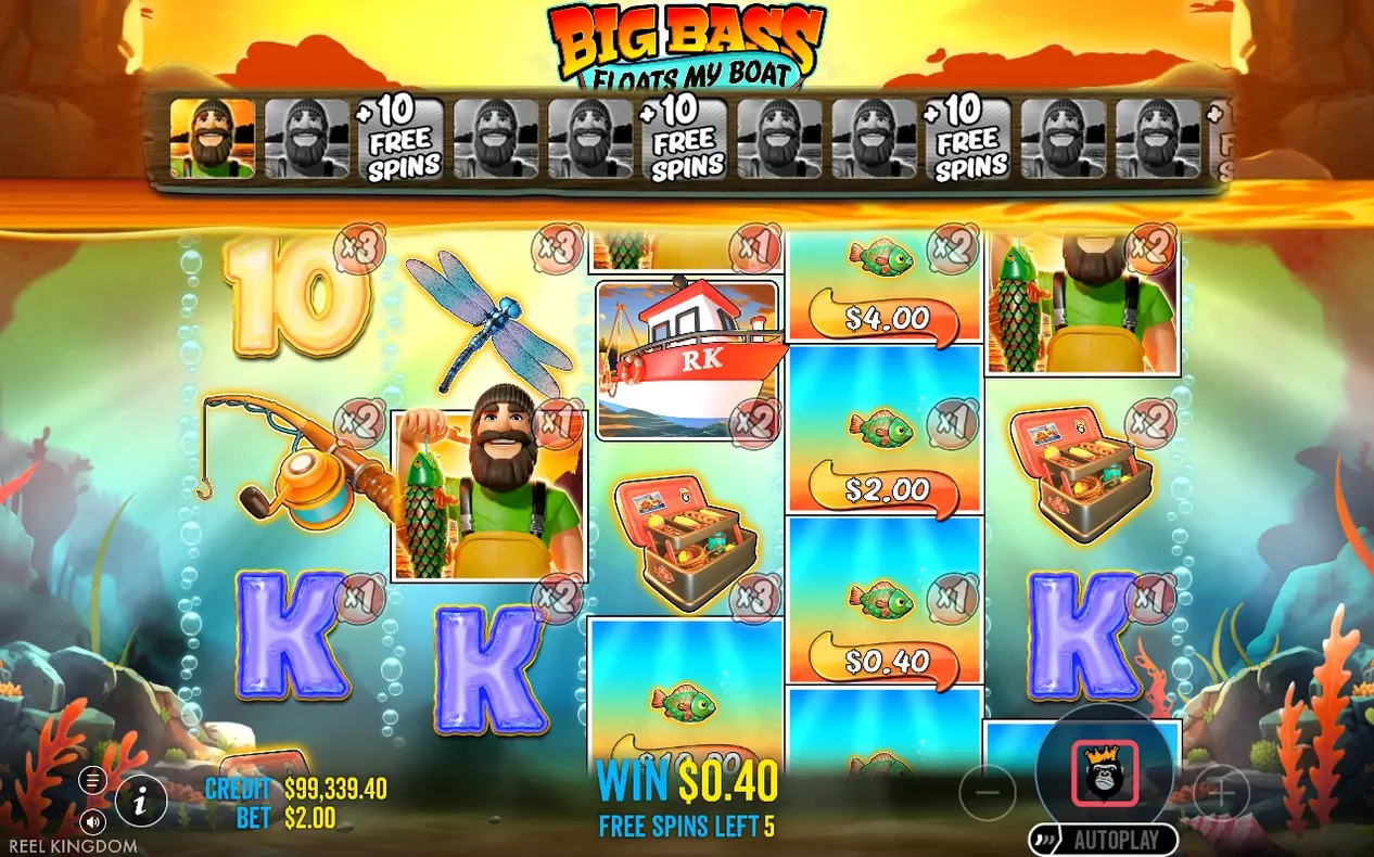 Freispielgitter mit Multiplikator-Badges x1 bis x3, Fisherman Wild hält Fisch, Gewinn 0,40 $, 5 Freispiele übrig.