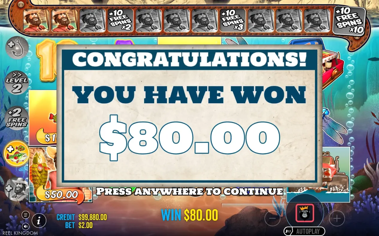 Gewinnkarte meldet YOU HAVE WON $80.00 bei Guthaben 99.880 $, oben Sammelleiste mit Level 2 und Bonus-Feldern.