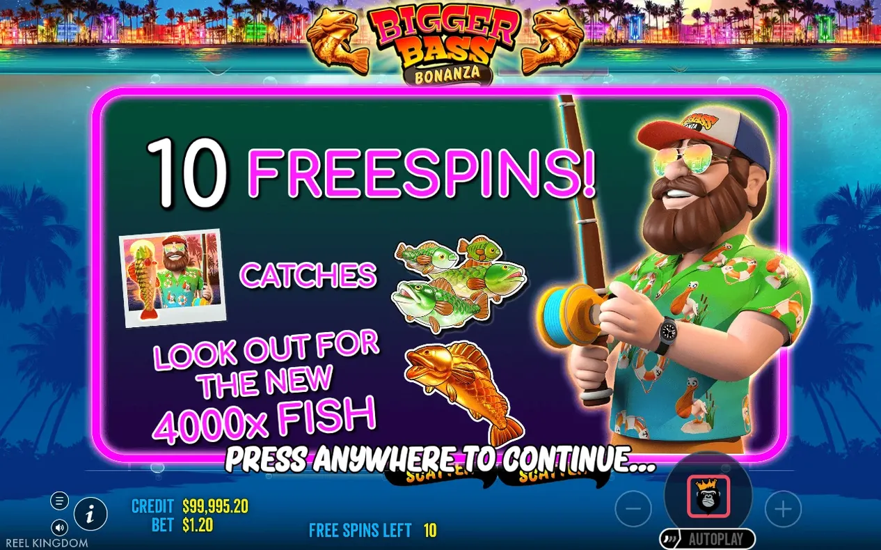 Freispiel-Ankündigung: 10 Freispiele ausgelöst, Angler mit Rute, Hinweis auf neuen 4000x-Fisch