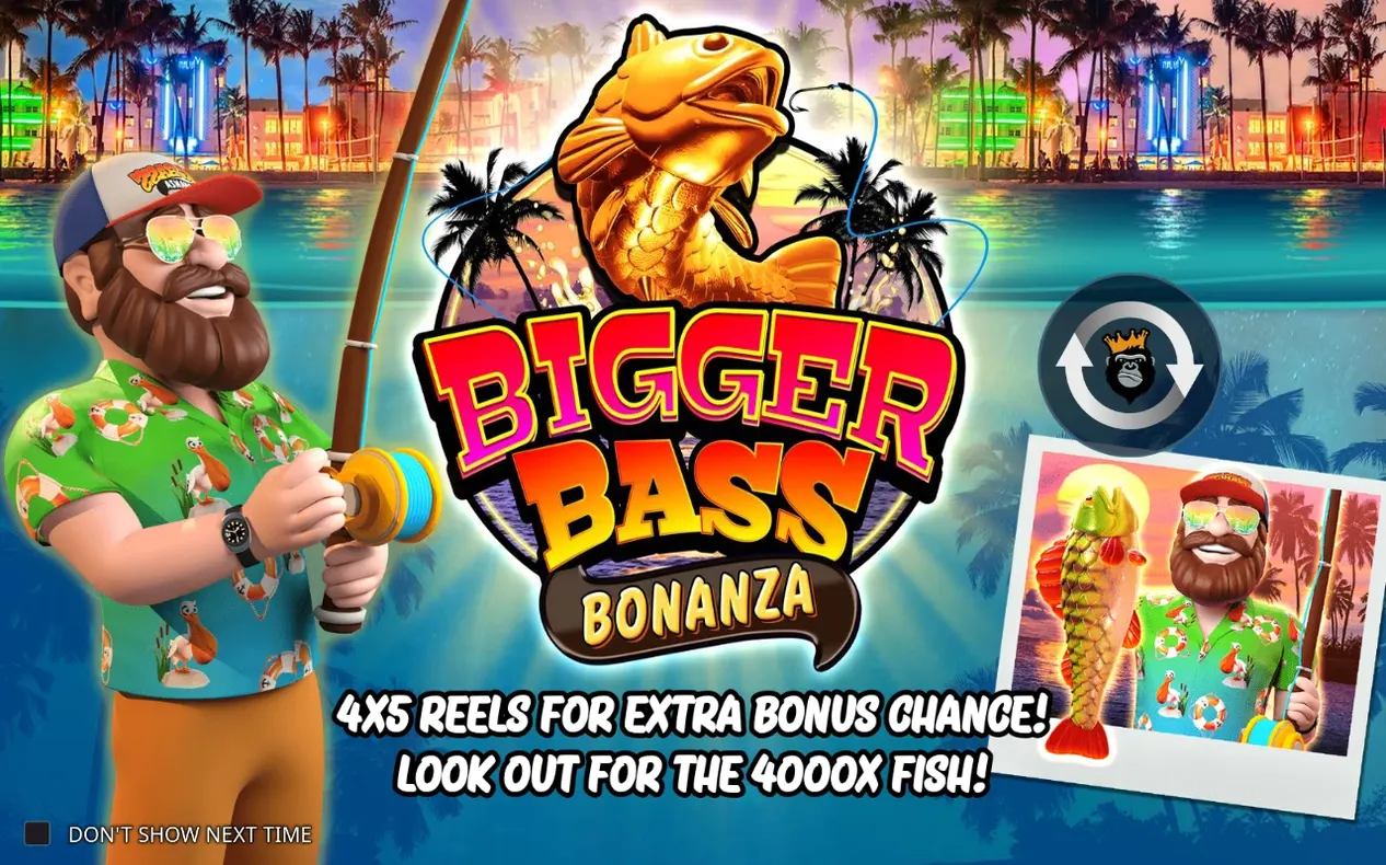 Splash-Screen: Angler-Maskottchen, goldene Bass-Trophäe, Logo Bigger Bass Bonanza vor Sonnenuntergangs-Skyline
