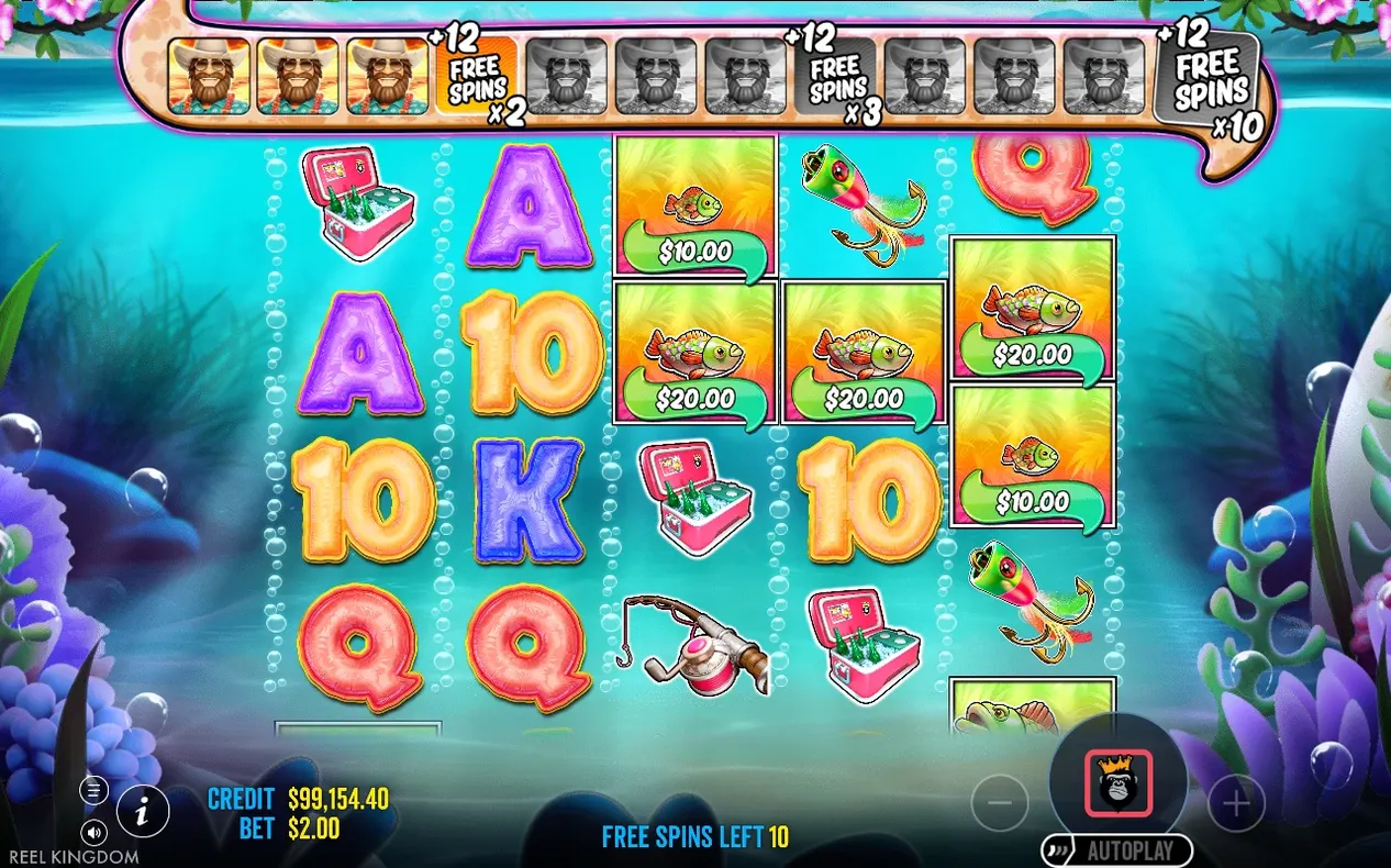 Freispiel-Anzeige zeigt Leiste +12 Freispiele (x2, x3, x10), Geldfische bis $20,00, 10 Freispiele übrig.