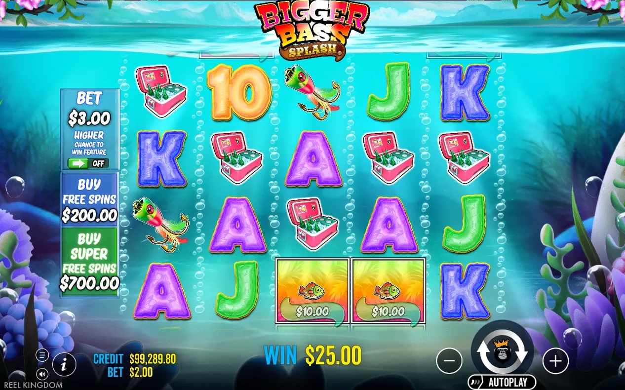 Basisspiel zeigt Buchstabensymbole, Kühlbox und zwei Fisch-Geldsymbole zu je $10,00, Gewinn $25,00.