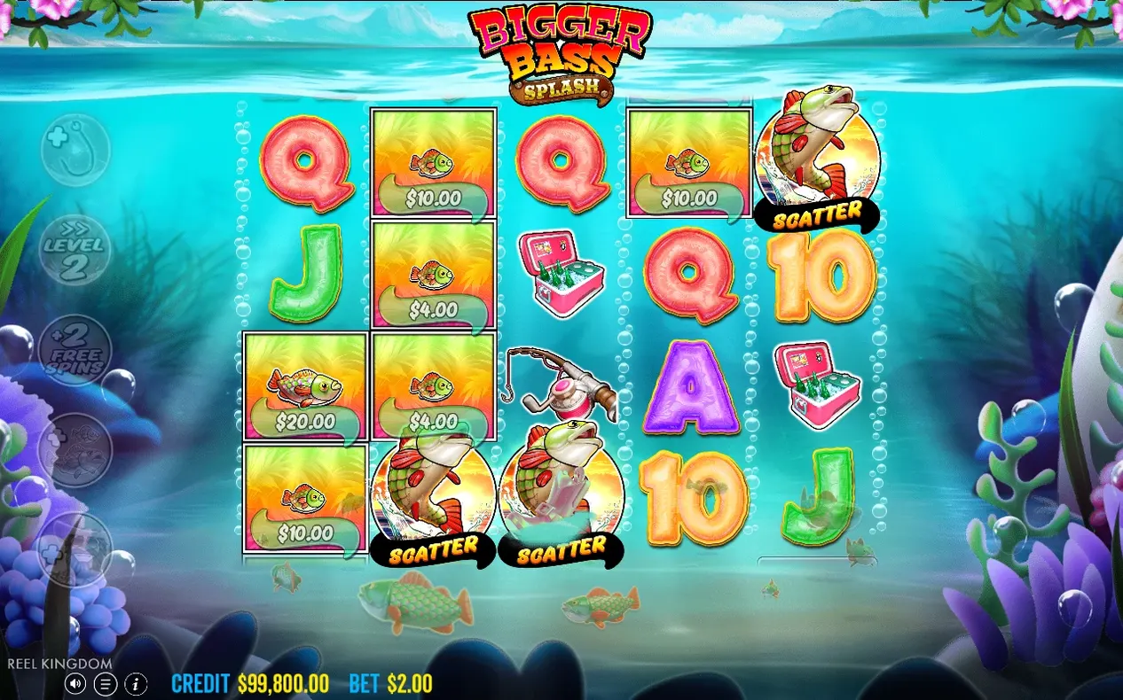 Basisspiel mit drei Scatter-Fischen, Geldwert-Fischen ($20, $10, $4) und Level-2-Symbolen links, Bet $2,00.