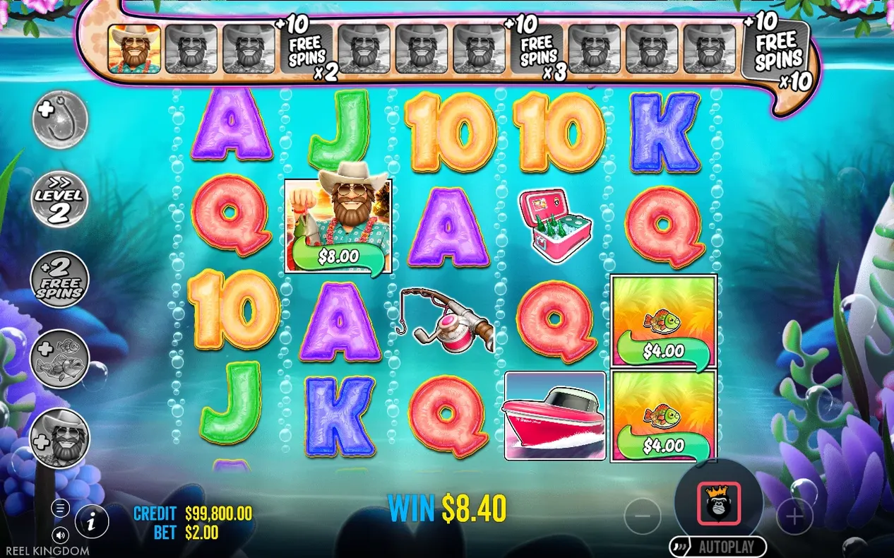 Freispielrunde: Leiste mit +10 Freispielen (x2, x3, x10), Wild-Fischer sammelt $8,00, Gewinn $8,40.
