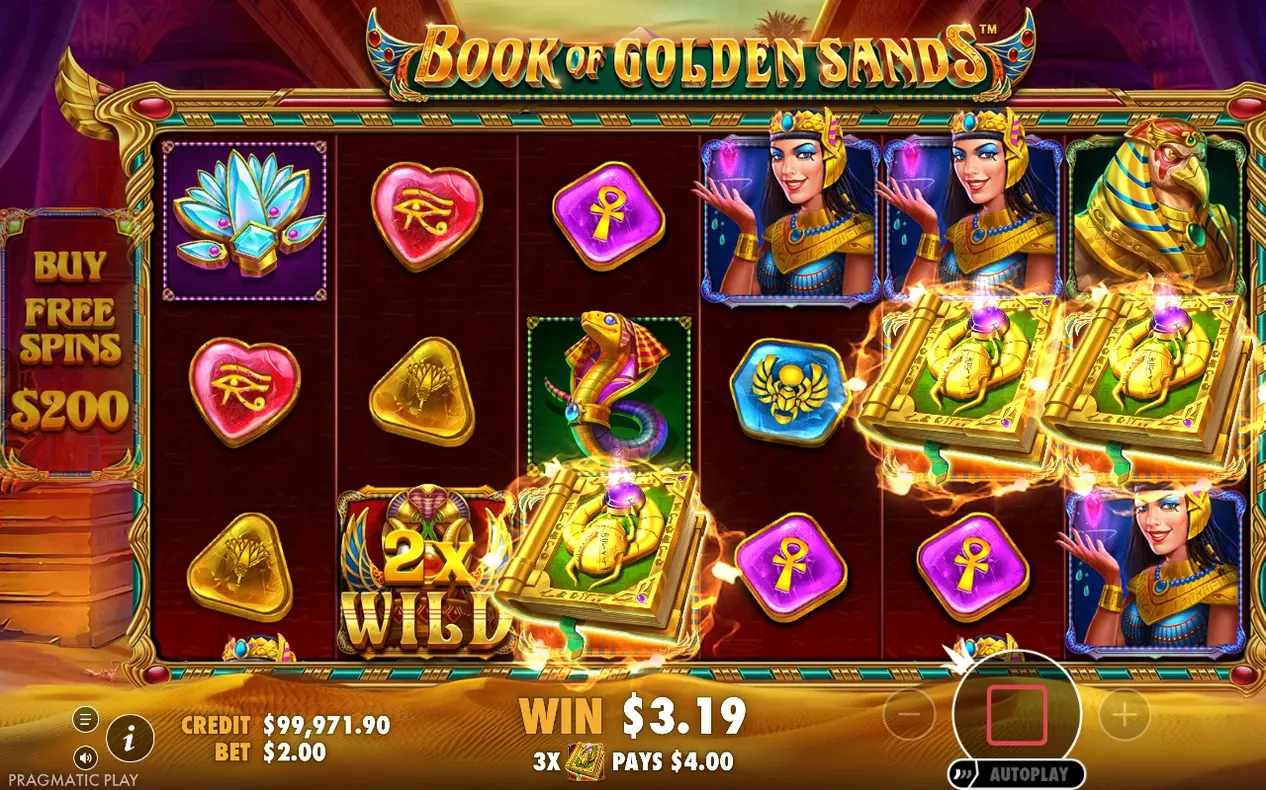 Scatter-Auslösung: drei goldene Bücher zünden Freispiele, 2x-WILD sichtbar, Gewinn 3,19 $ bei 4,00 $-Auszahlung.