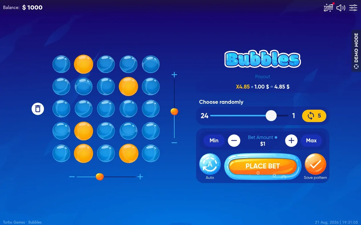 Fünf Bubbles leuchten orange im 25er-Raster, Zufalls-Button gold markiert, Auszahlung X4,85 bei 1 Dollar.