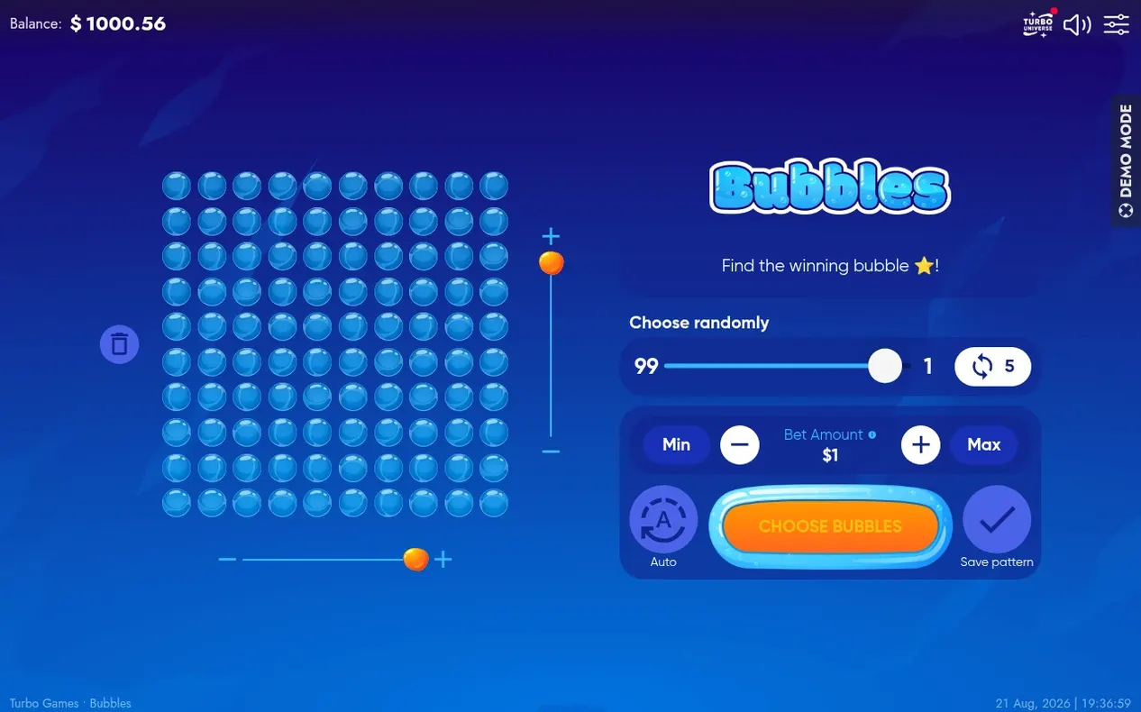 Maximales 10x10-Raster mit 100 blauen Bubbles, Zufalls-Slider auf 99, Kontostand 1000,56 Dollar.