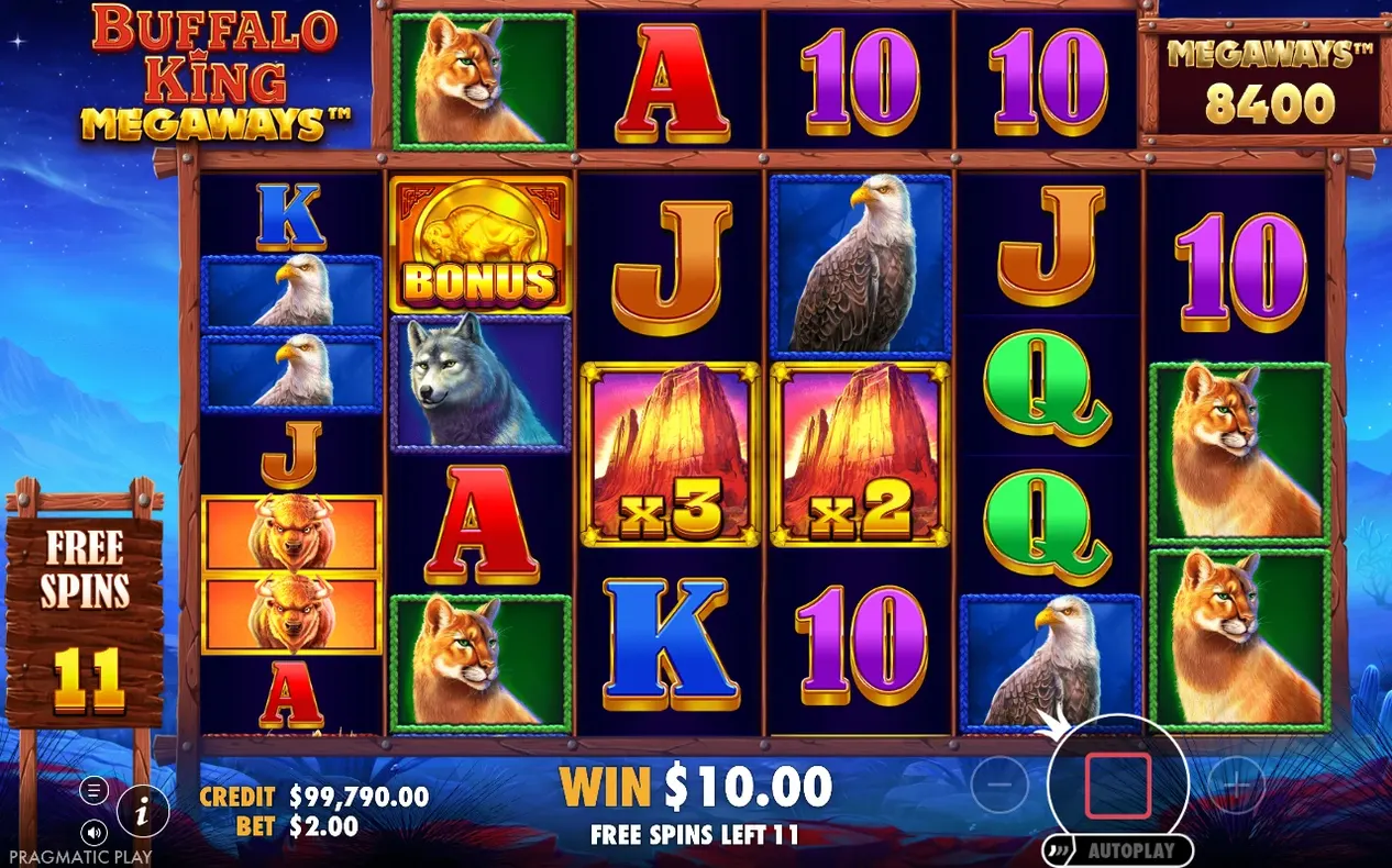 Freispiele zeigen Wild-Symbole mit x3- und x2-Multiplikator, Megaways 8400, 11 Freispiele übrig, Gewinn 10,00 $.