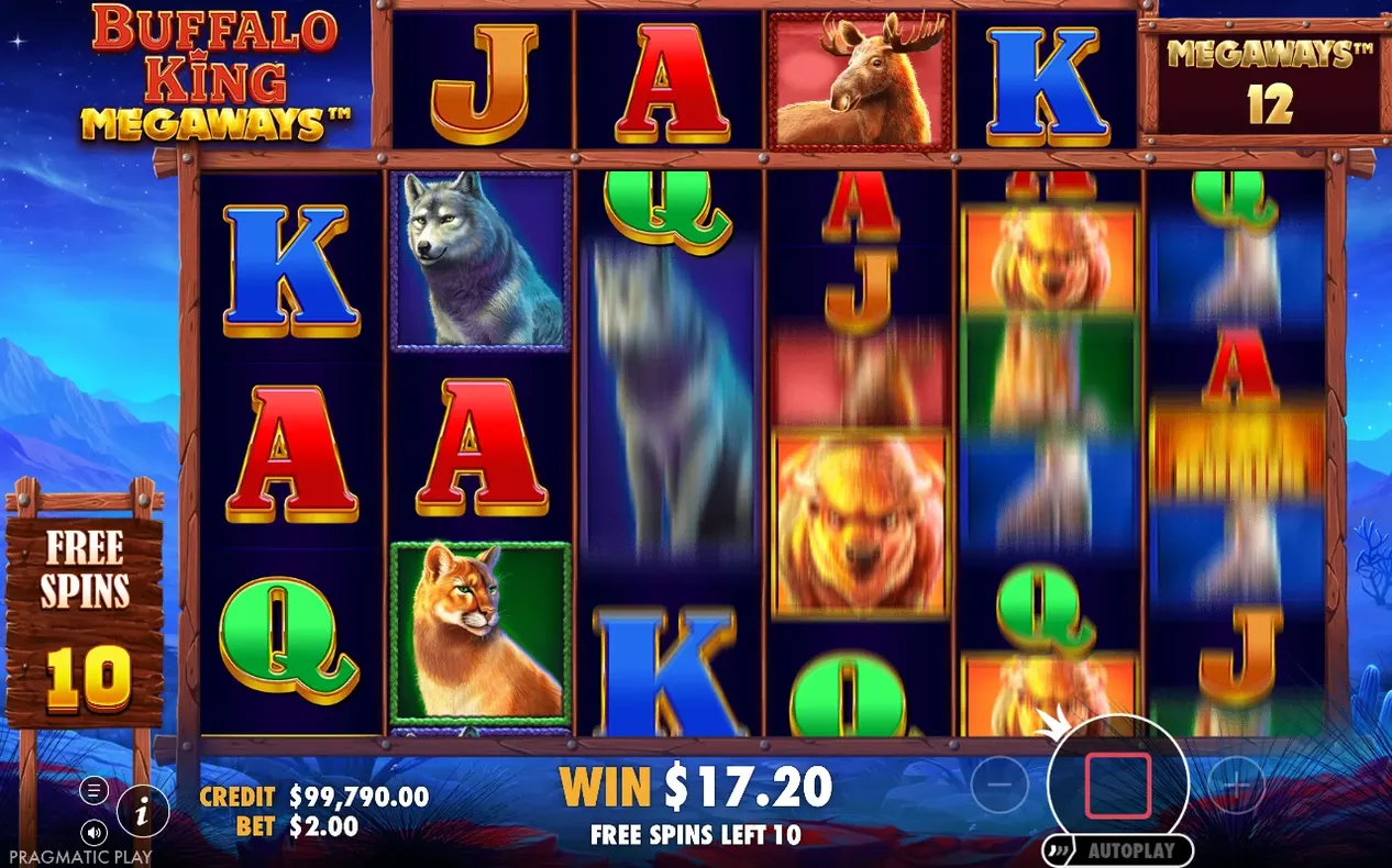 Freispiele mit Megaways 12: Wolf, Puma und Elch auf den Walzen, 10 Freispiele übrig, Gewinn 17,20 $.