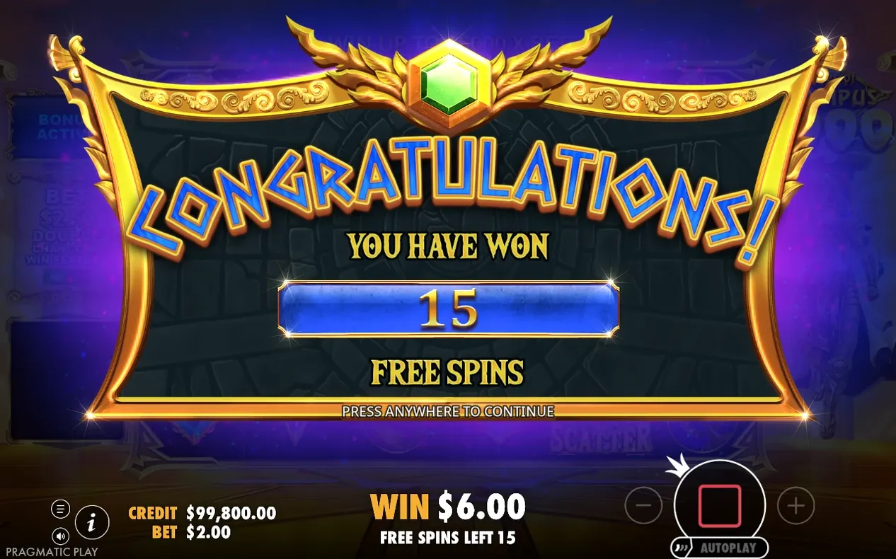 Congratulations-Banner meldet 15 gewonnene Freispiele nach Scatter-Trigger, Gewinn $6.00 angezeigt