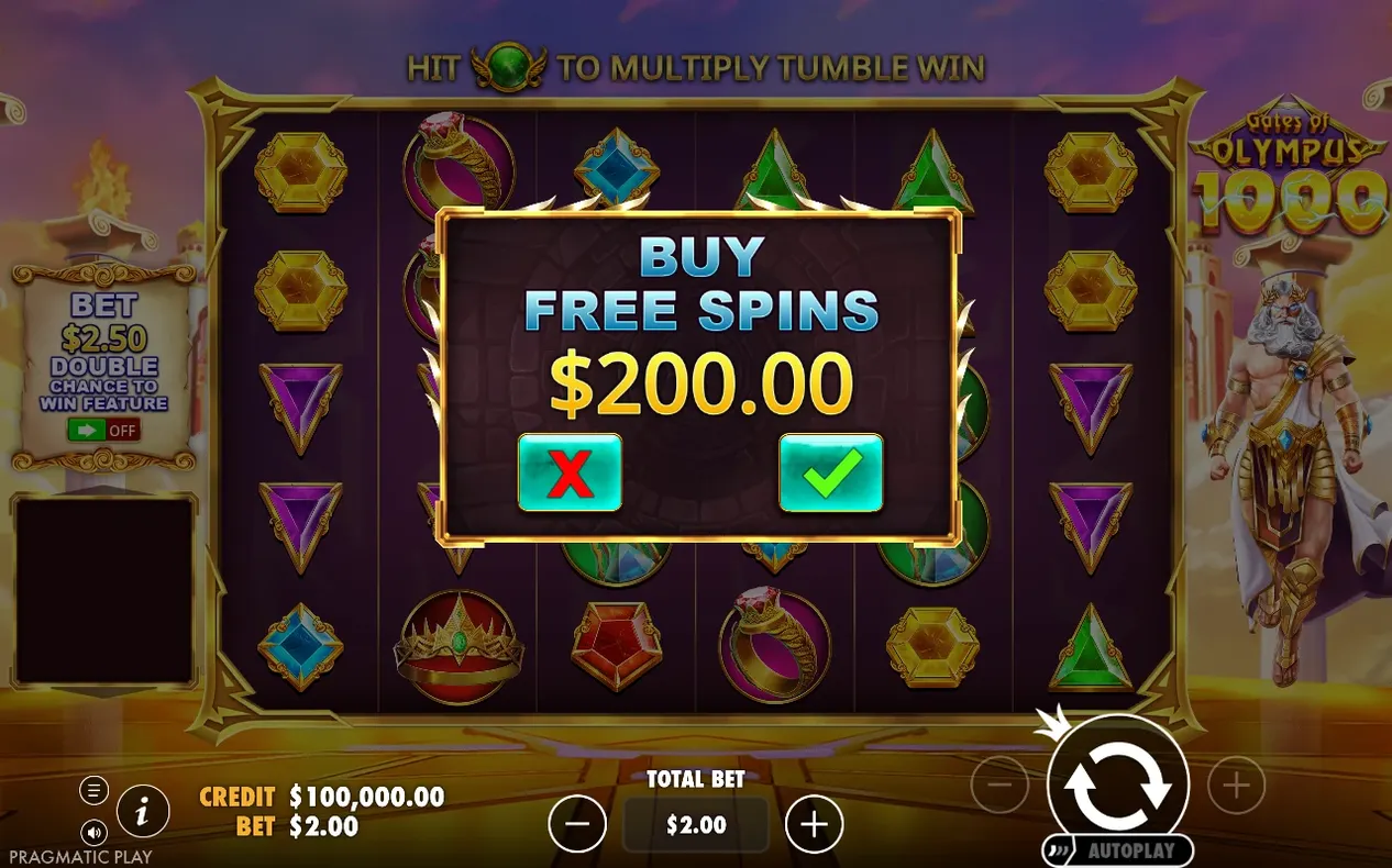 Buy-Free-Spins-Dialog für $200.00 über den Gem-Reels, mit rotem X- und grünem Häkchen-Button