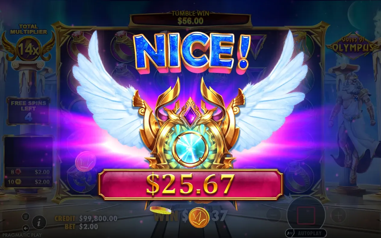 Goldener Flügel-Orden mit blauem NICE!-Schriftzug, Gewinn $25.67, Gesamtmultiplikator 14x, Freispiele übrig 4.
