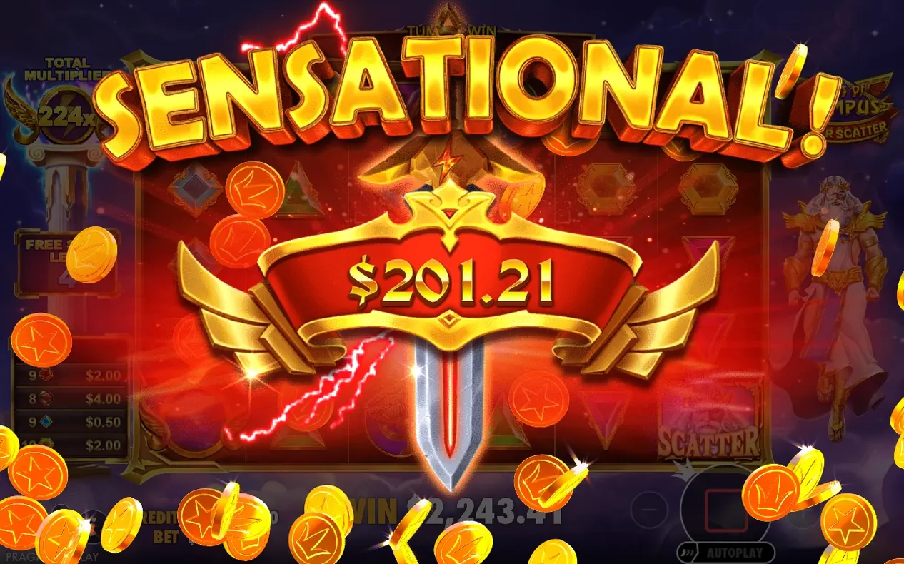 SENSATIONAL-Banner zeigt $201,21 Gewinn bei Gesamtmultiplikator 224x, Gesamtgewinn $2.243,41.