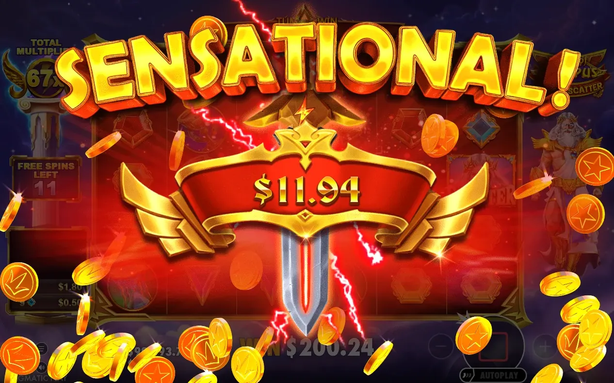SENSATIONAL-Banner mit $11,94 Gewinn, Gesamtmultiplikator 67x, noch 11 Freispiele übrig.