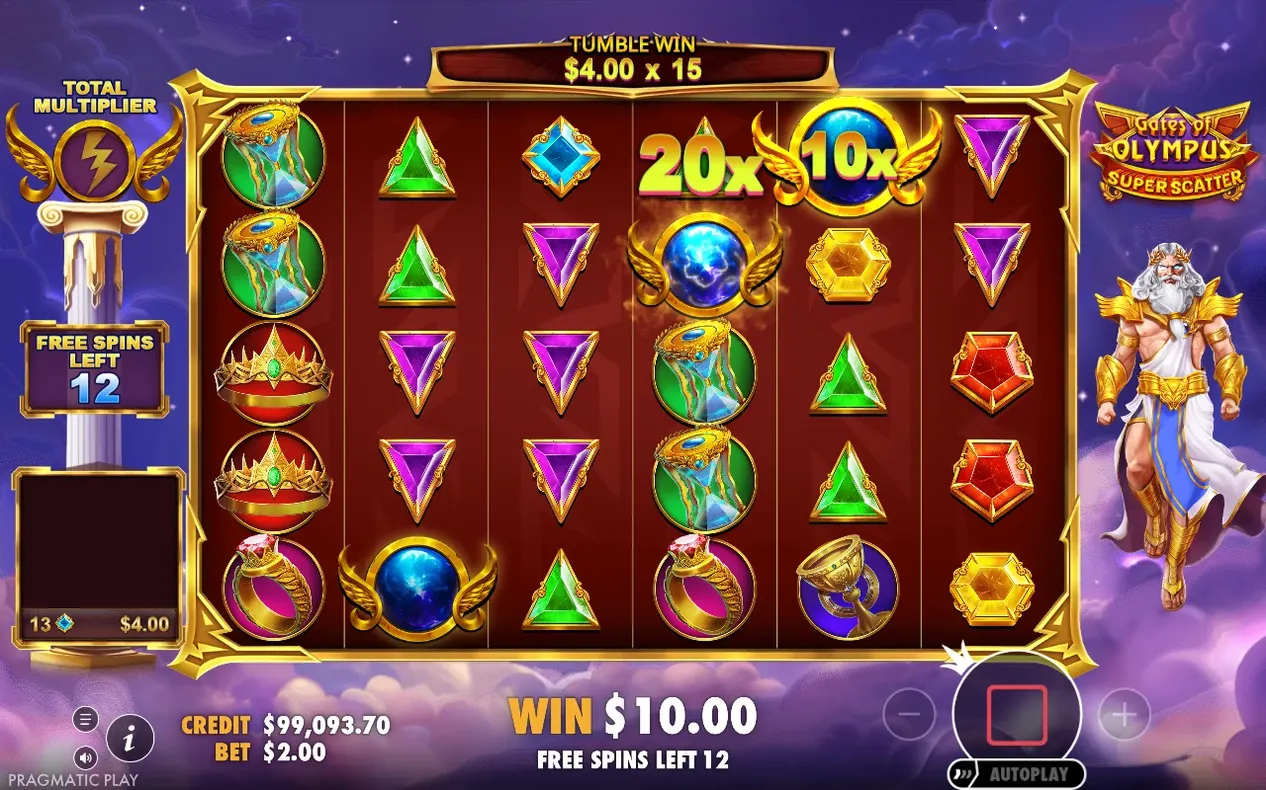Freispielraster zeigt Tumble-Gewinn $4,00 x 15 mit 20x- und 10x-Multiplikatorkugeln, 12 Freispiele übrig.
