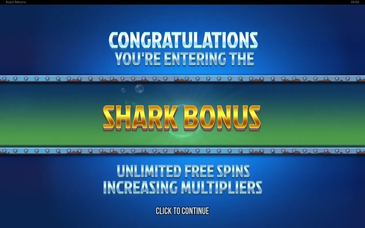 Eintrittsbildschirm zur Shark Bonus-Funktion: unbegrenzte Freispiele mit steigenden Multiplikatoren.