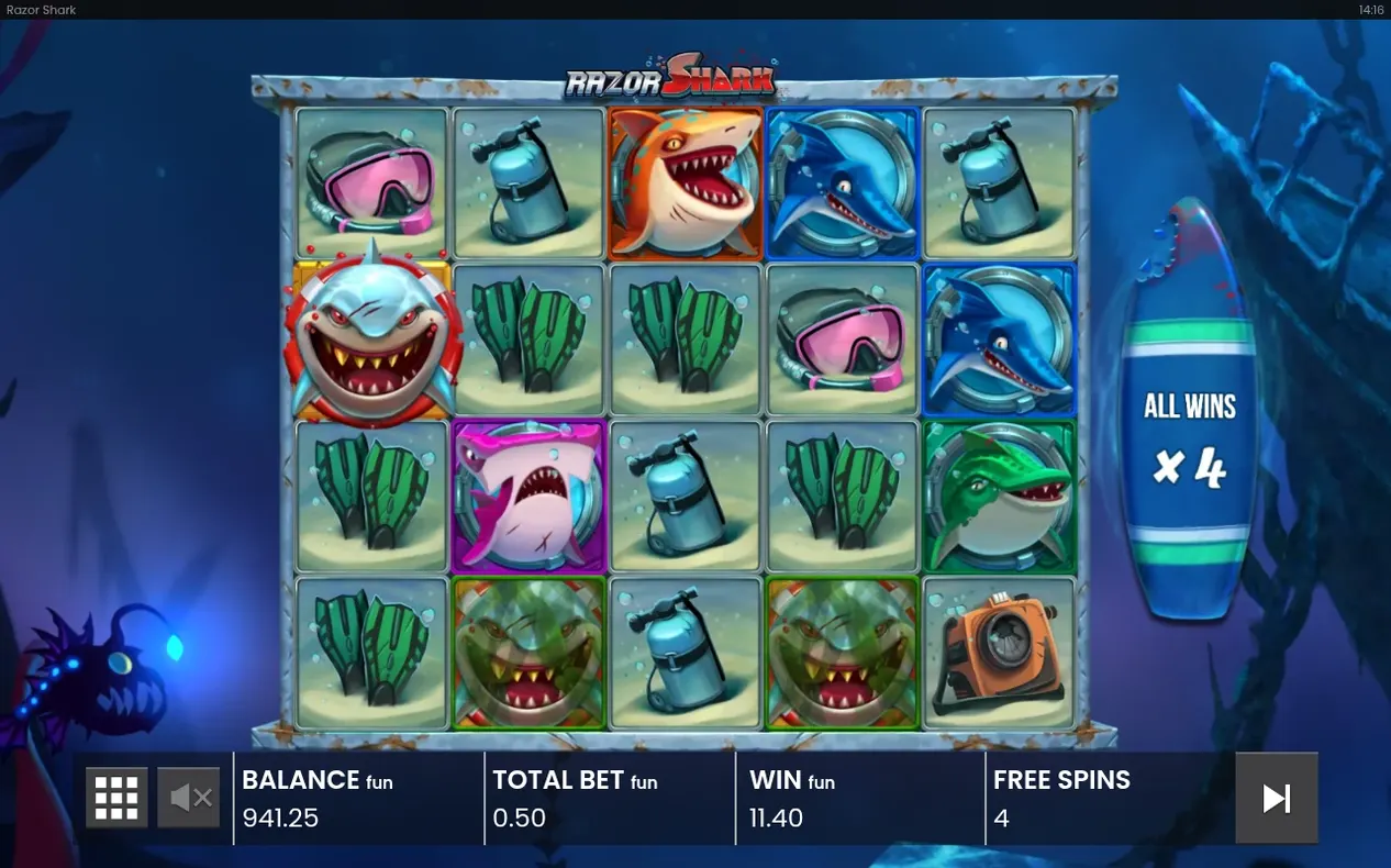 Freispielrunde: ALL WINS x4, WIN 11.40 fun, FREE SPINS 4, gefüllte Walzen mit Tauchsymbolen.