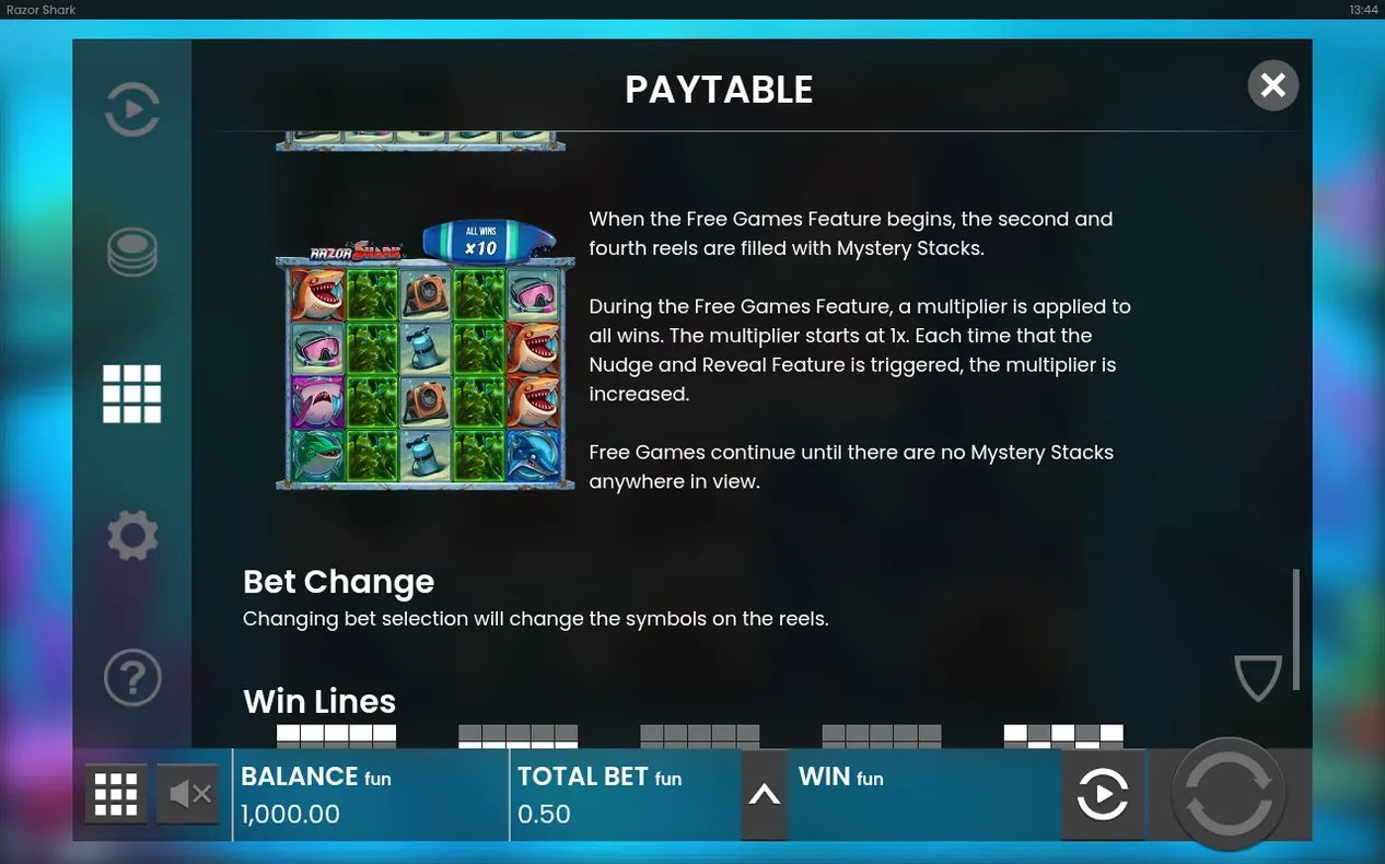 Paytable erklärt Free-Games-Start, Bet Change und Win Lines, Walzenbild zeigt ALL WINS x10.