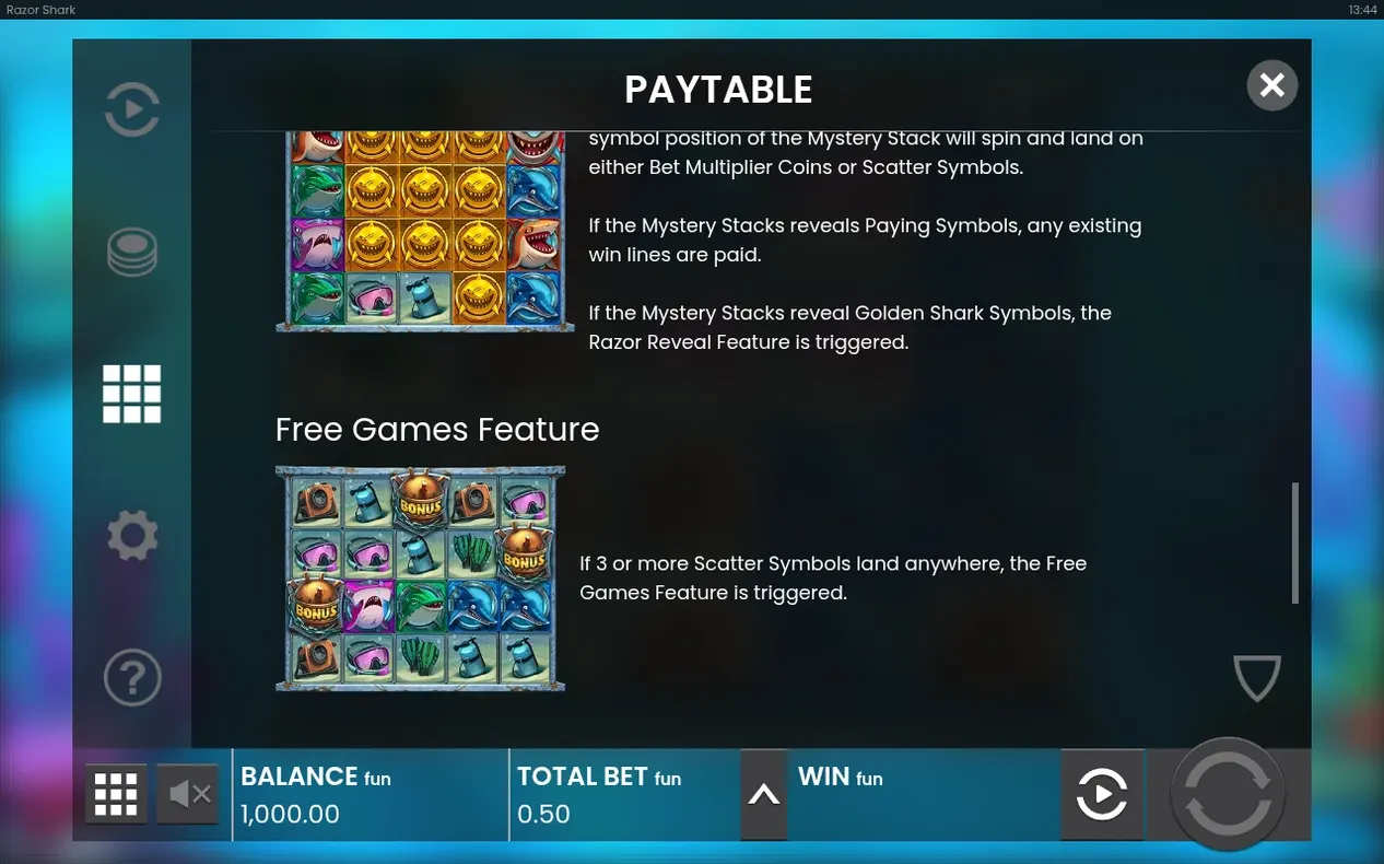 Paytable zu Razor Reveal Feature und Free Games Feature: drei Scatter-Symbole lösen Freispiele aus.