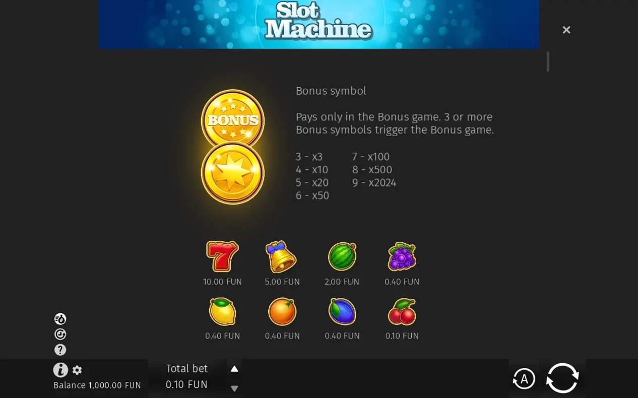 Zwei Bonus-Coin-Varianten mit Regeltext 'zahlt nur im Bonusspiel' sowie Multiplikatortabelle x3 bis x2024.