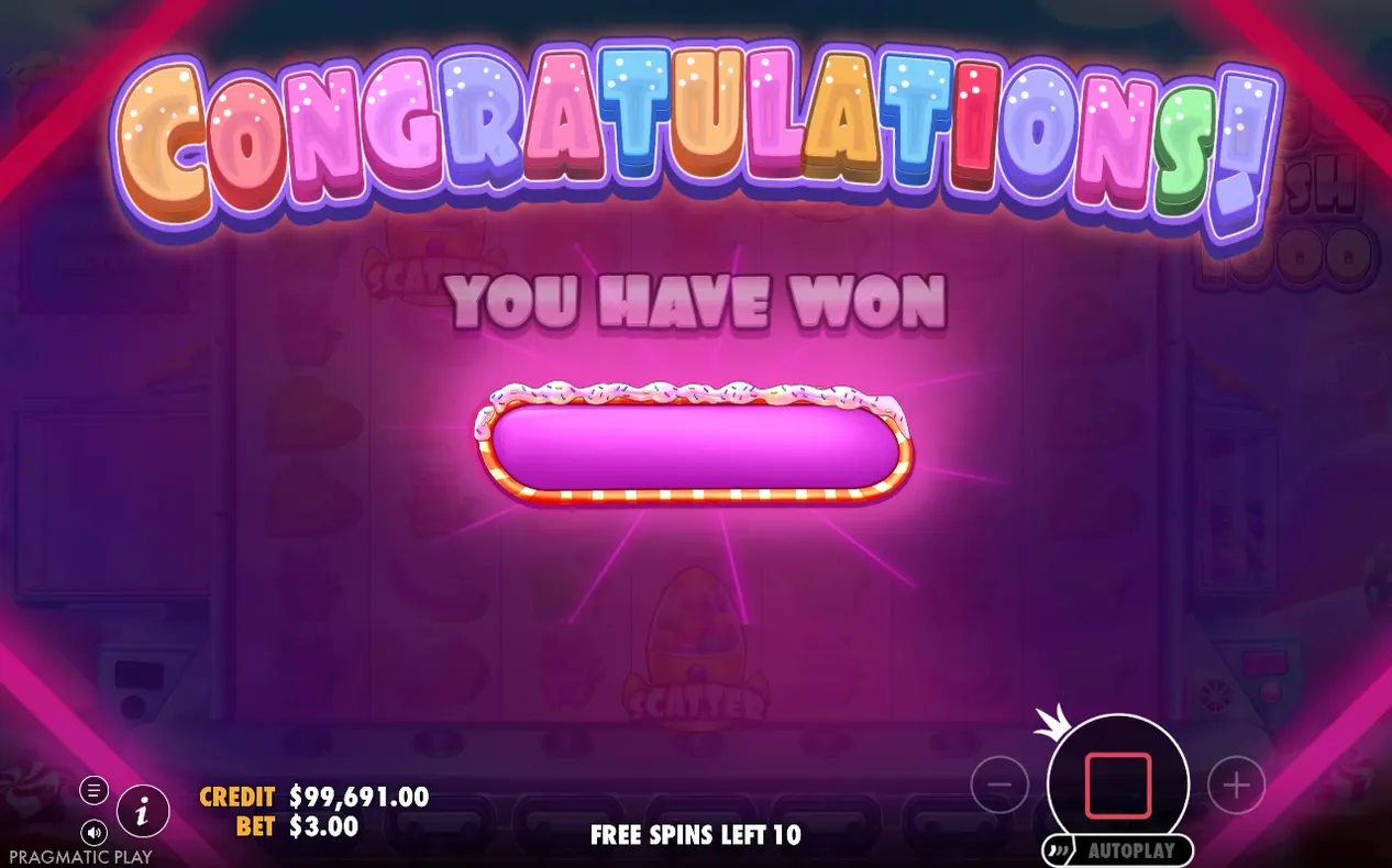 Gewinnschirm zeigt „YOU HAVE WON“ mit leerer Betragsleiste, Guthaben 99.691,00 $, 10 Freispiele übrig.