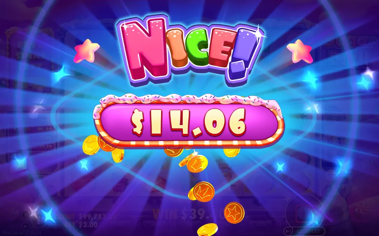 Nice!-Gewinnanzeige mit Betrag $14.06 und fallenden Goldmünzen vor violettem Hintergrund.