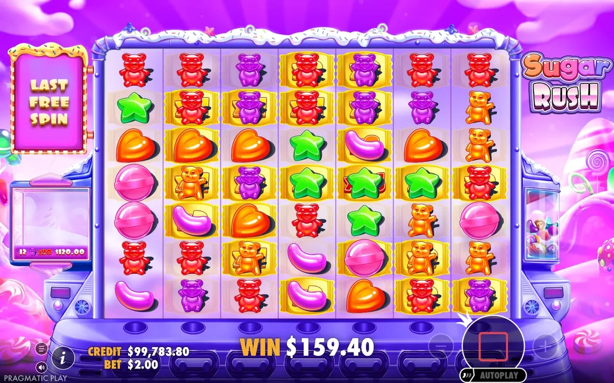Letzter Freispiel: lila Gummibären mit x20-Multiplikator-Tags, Gewinn $159.40.