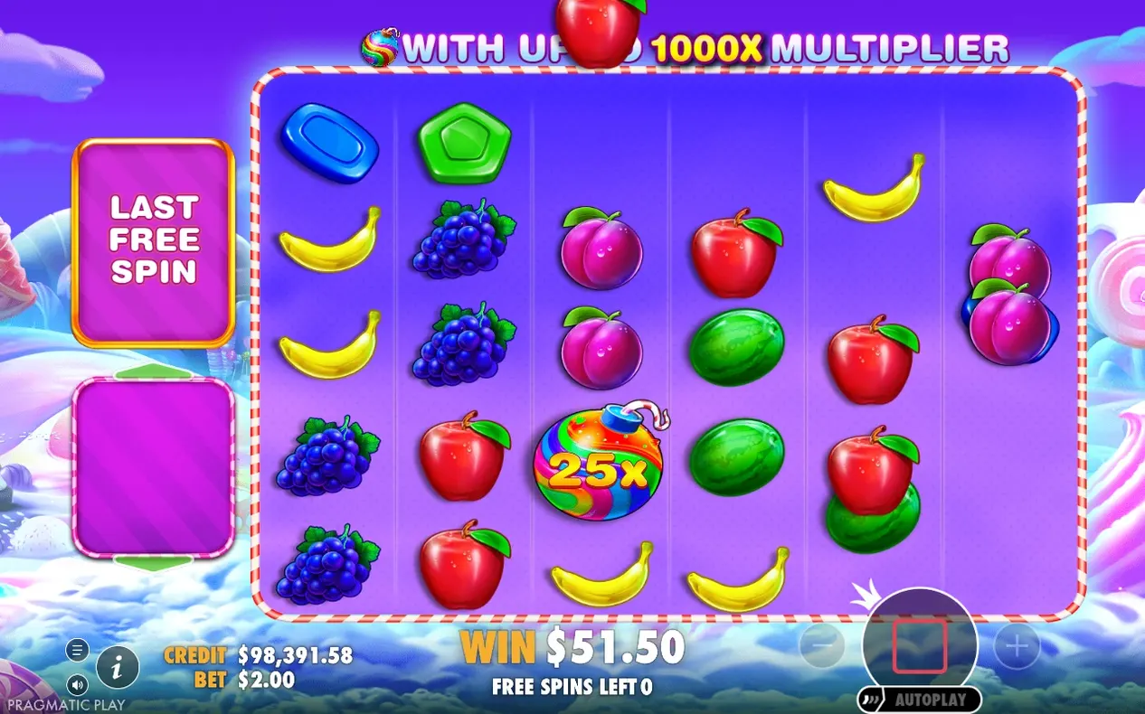 Im letzten Freispiel liegt eine Bombe mit 25x-Multiplikator auf dem Raster, Gewinn $51.50, 0 Freispiele übrig.