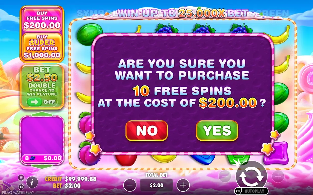 Bestätigungsdialog: 10 Freispiele kaufen für $200.00, Einsatz $2.00, Buttons Ja und Nein.