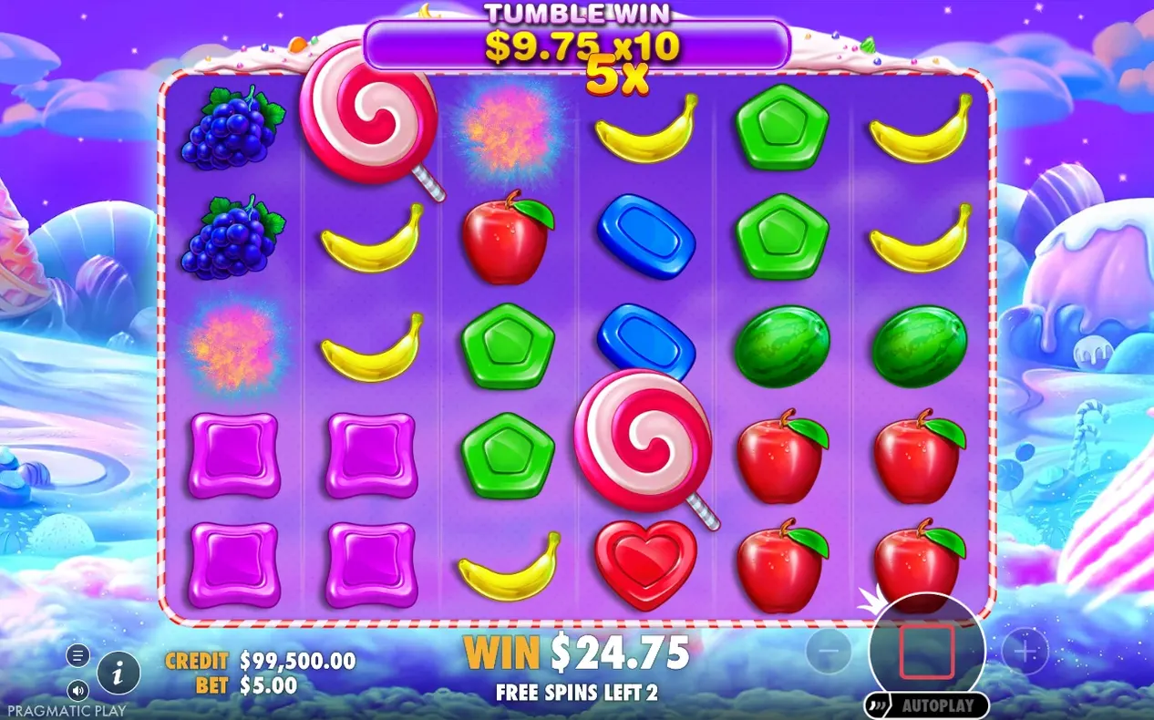 Tumble-Gewinnbanner 9,75 $ x10 mit 5x-Multiplikator, Gesamtgewinn 24,75 $, noch 2 Freispiele.