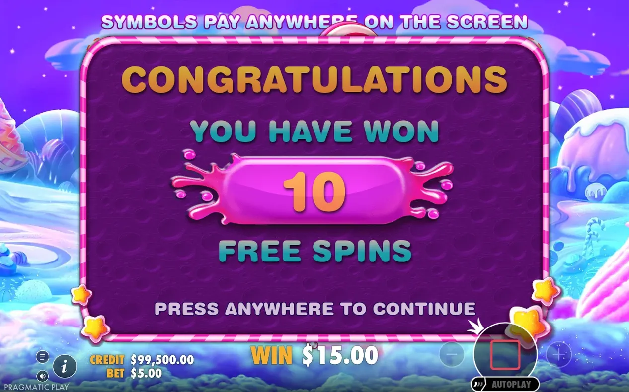 Popup meldet gewonnene Freispielrunde: 10 Freispiele, aktueller Gewinn 15,00 $.