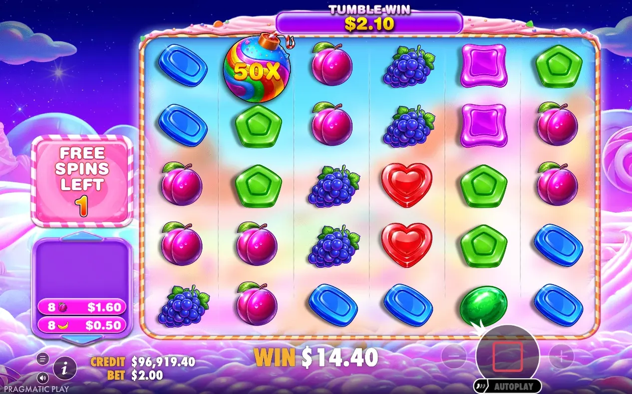 Tumble-Sequenz mit 50x-Bombensymbol, Tumble-Gewinn 2,10 $, Gesamtgewinn 14,40 $, 1 Freispiel übrig.