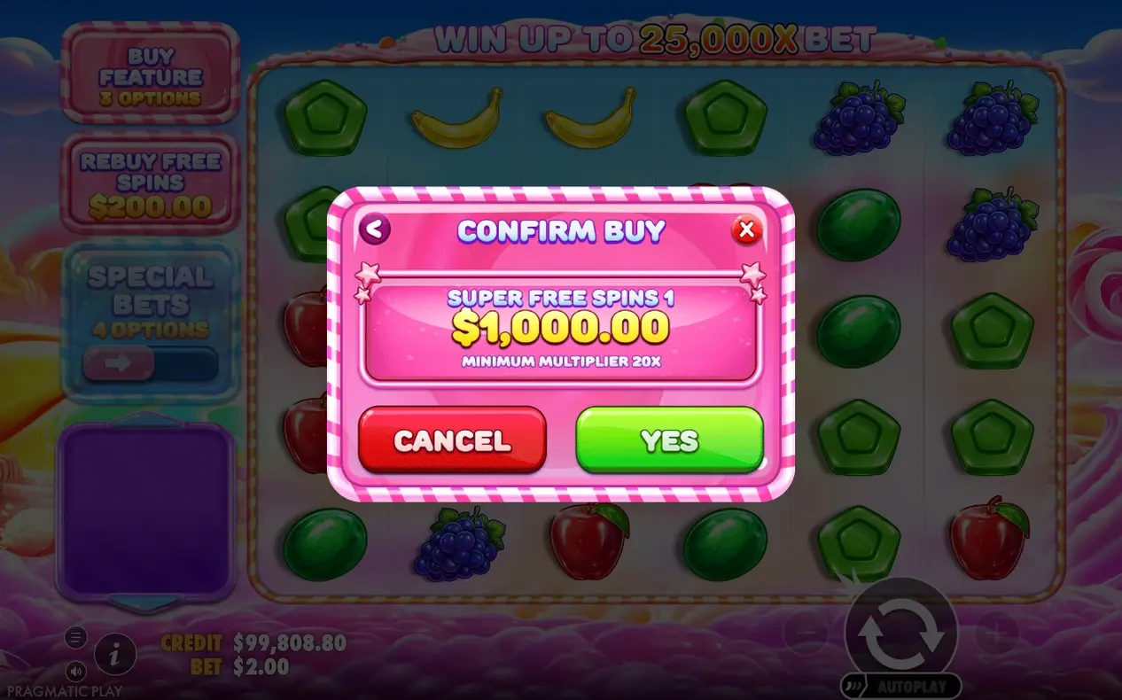 Bestätigungsdialog für Super Free Spins 1: 1.000 $, Mindestmultiplikator 20x, Buttons Cancel und Yes.