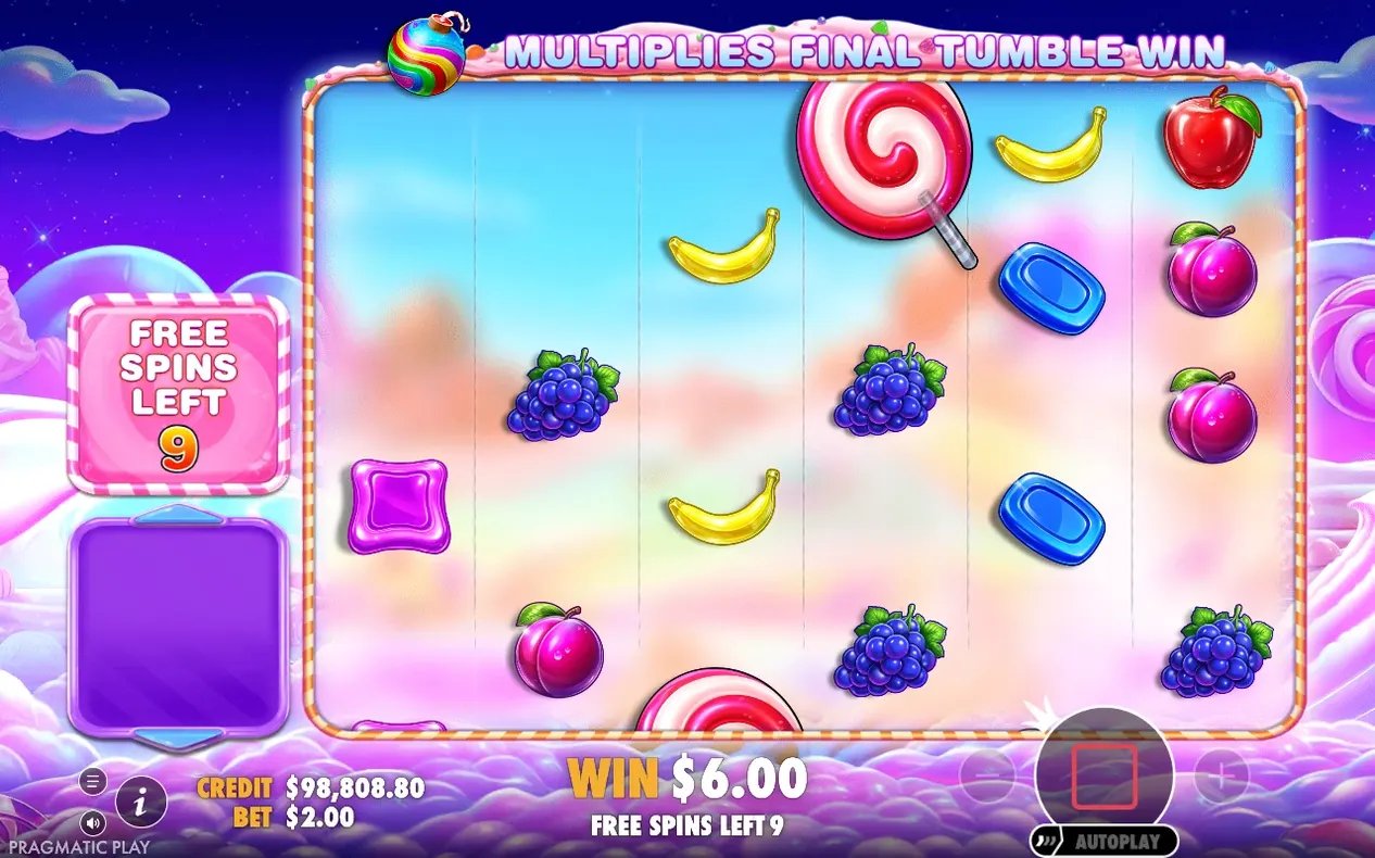 Freispiel-Walzen mit verstreuten Symbolen, Banner „Multiplies Final Tumble Win“, 9 Freispiele übrig, Gewinn 6,00 $.