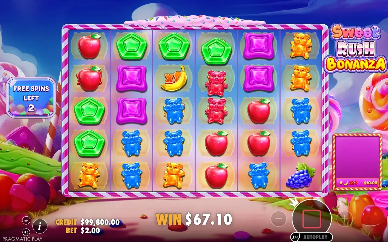 Freispiele mit 2 übrig, x8-Multiplikator auf Bananenfeldern, Gewinn 67,10$ angezeigt