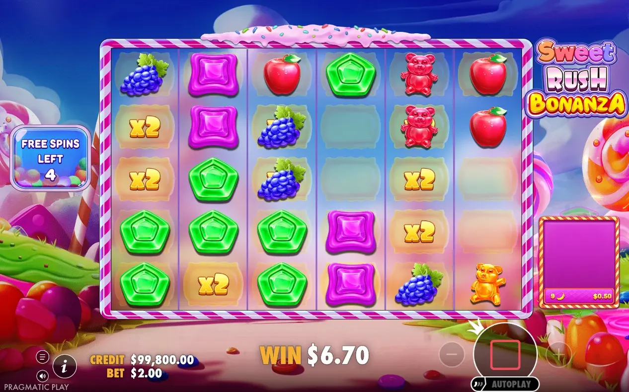 Freispielraster mit mehreren x2-Multiplikatorfeldern auf leeren Zellen, Gewinn 6,70$, 4 Freispiele übrig
