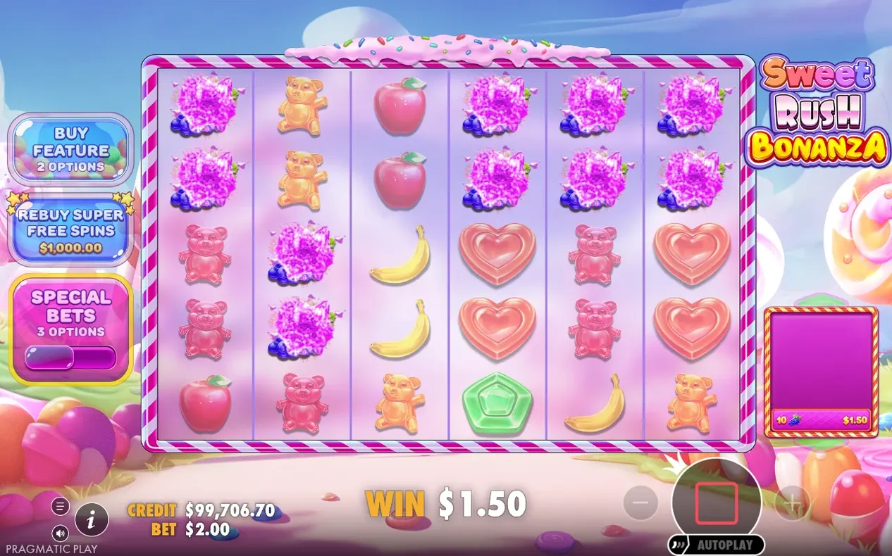 Spielfeld mit Fruchtgummi-Bären, Herzen und Edelsteinen, Gewinn 1,50$, Rebuy-Button sichtbar