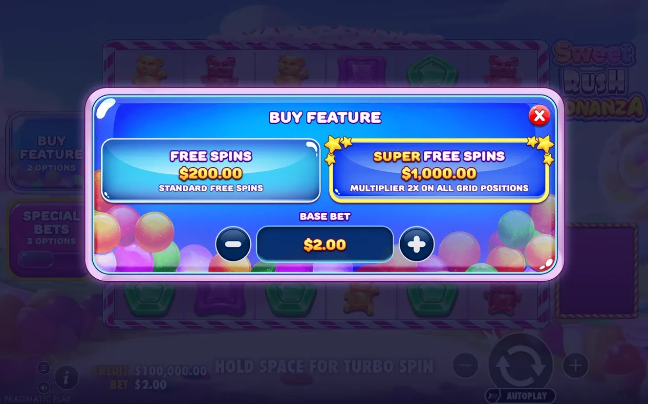 Buy-Feature-Popup: Free Spins für 200$ und Super Free Spins für 1.000$, Basiseinsatz 2$ wählbar