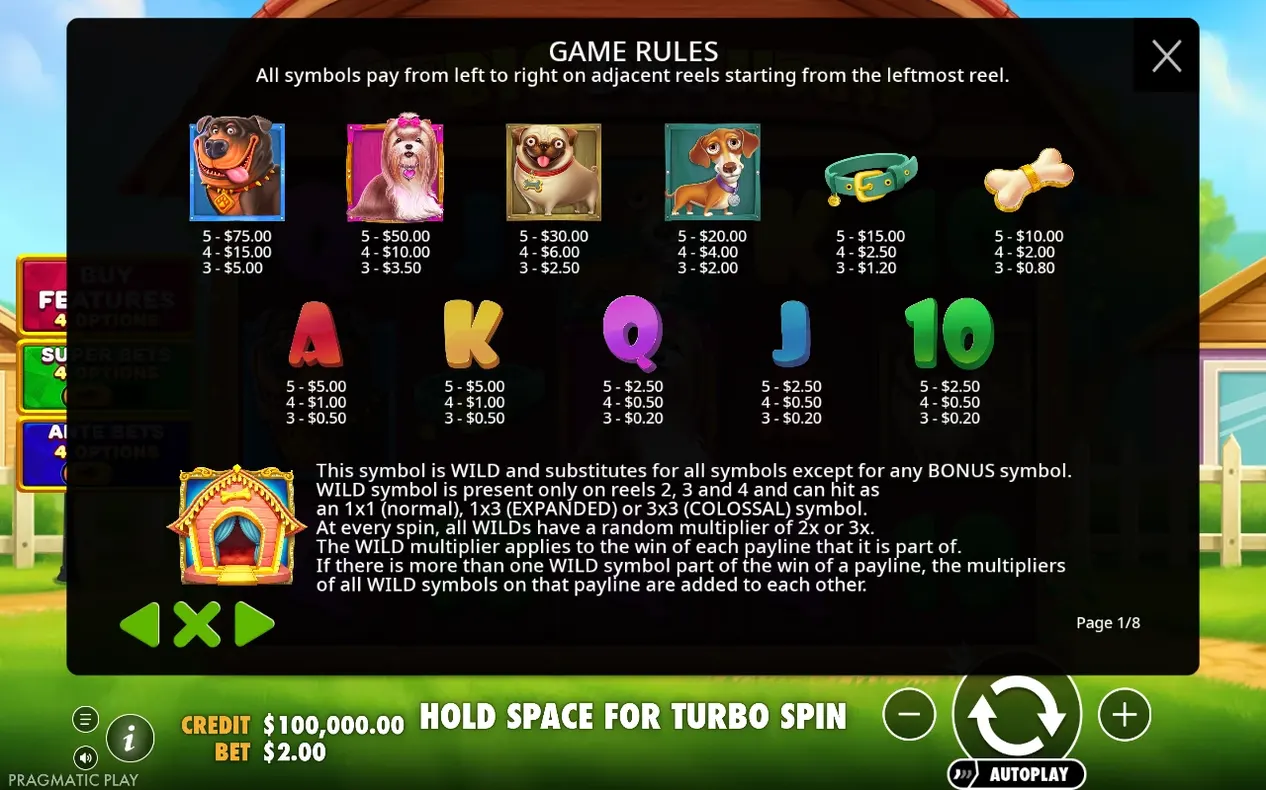 Spielregeln zeigen Auszahlungen für Hunde-Symbole, Kartenwerte A-10 und Wild-Hütte mit Multiplikator-Regeln (Seite 1/8).
