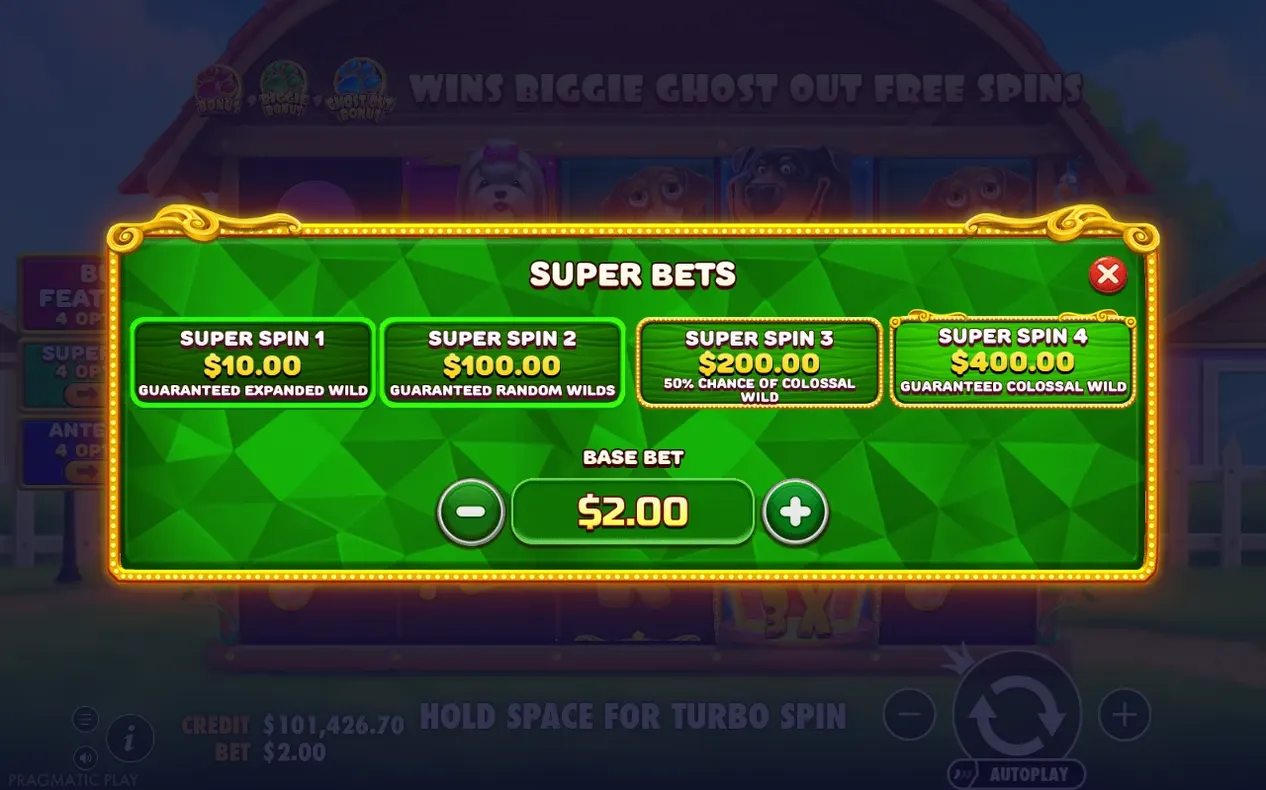 Super-Bets-Dialog mit vier Optionen: Super Spin 1 bis 4 von 10 bis 400 Dollar, Basiseinsatz 2,00 $.